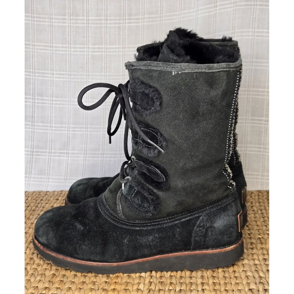 UGG Rommy Lace Up Winter Boots Womens Size 7‎ Black Leather Sheepskin Snow Warm